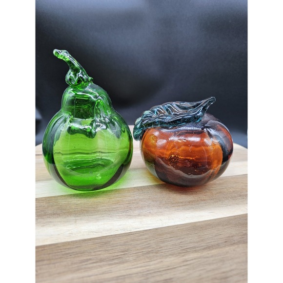 Set Of 2 Vintage Hand Blown‎ Glass Fruits Apple Pear - Picture 5 of 9